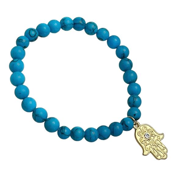 NEW Beaded HAMSA HAND EYE BRACELET Blue Gem Stone Beads Stretch Gold Charm NWOT - Picture 1 of 4